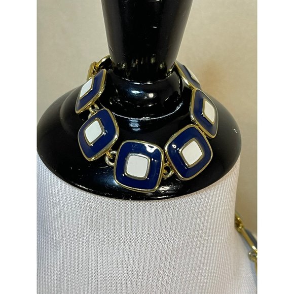 Vintage Resin Midnight Blue / Cream Gold Tone Double Square Design Necklace & Br - Picture 7 of 10